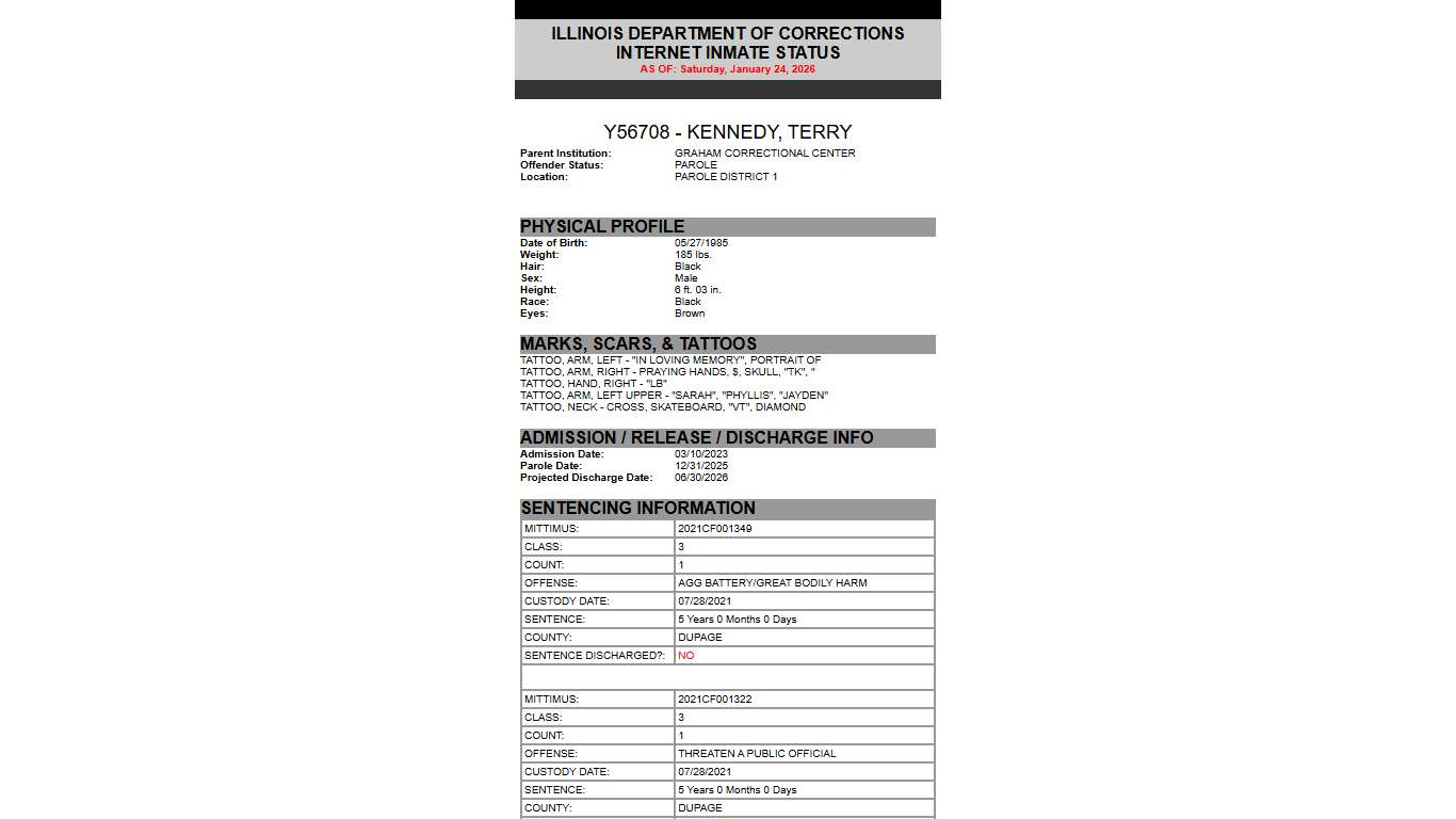 State of Illinois DEPARTMENT OF CORRECTIONS Inmate Search Results